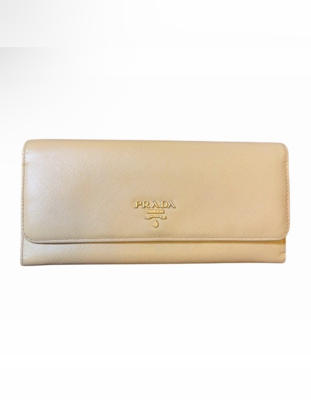 Prada Saffiano Leather Beige Continental Wallet With Pink Interior Gold Hardware